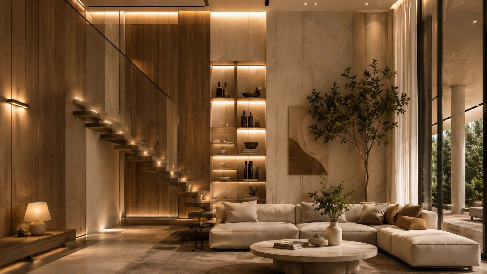 Premium architectural lighting highlights timber finishes, a floating staircase and lounge seating in a contemporary interior
